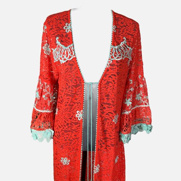 Antica Sartoria by Giacomo Long Lace Kimono Red Aqua Embroidered Boho Cover up - Picture 7 of 16